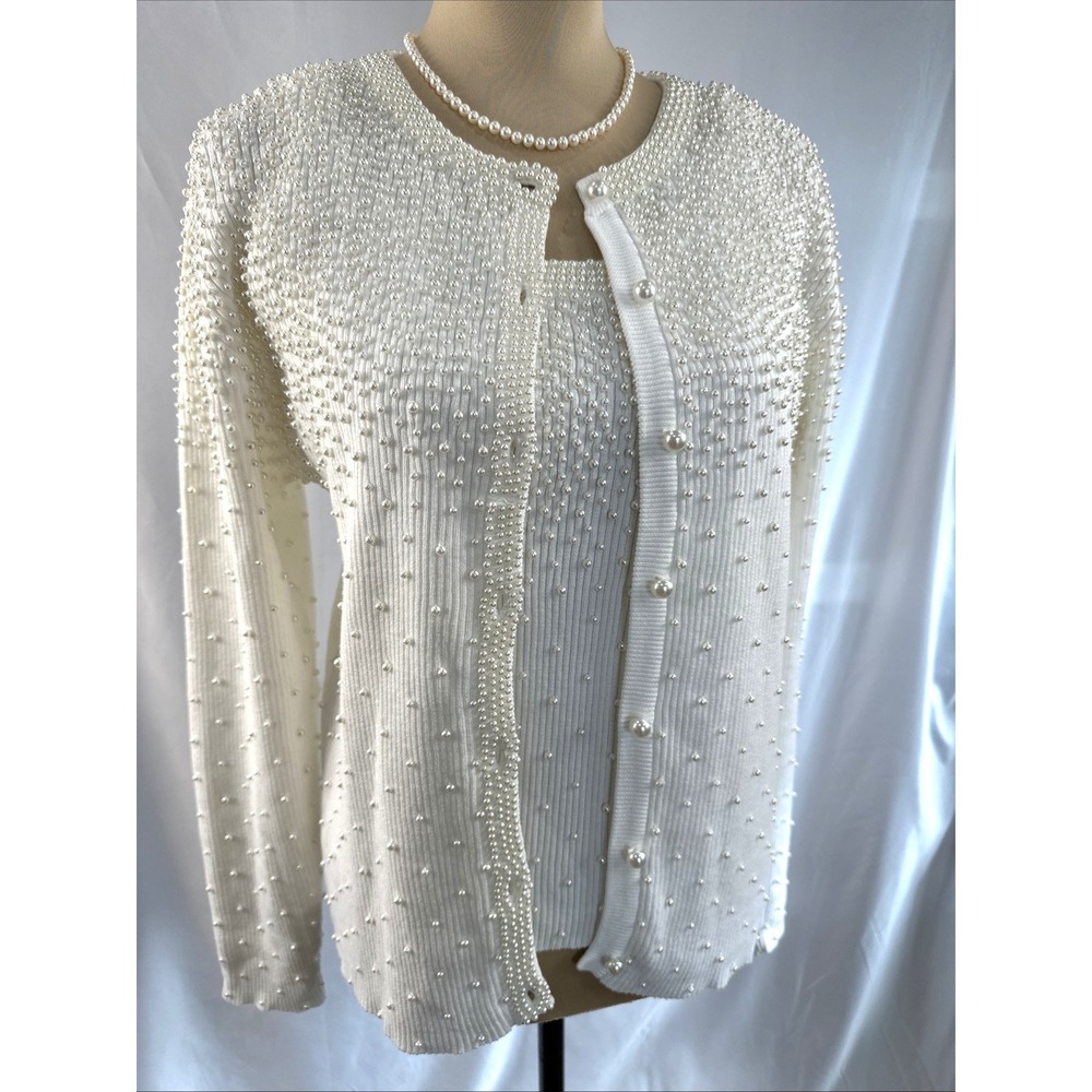 Colette Mordo Pearl Beaded Twinset Ivory Sweater Set Cardigan Shell NWT M Y2K